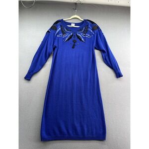 Vintage Darian Dress Womens Large Blue Beaded Applique Shoulder Pads Knit 80s